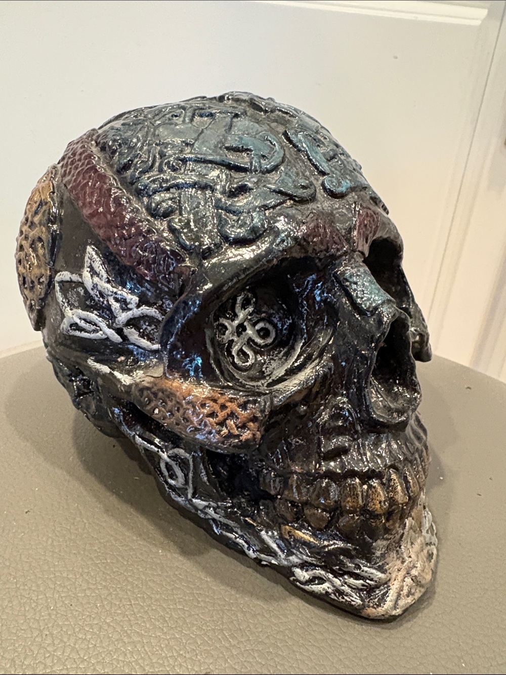 Celtic Art Gothic Gold Design Medieval Skull Sculpture, 4.5”H x 6.5” L